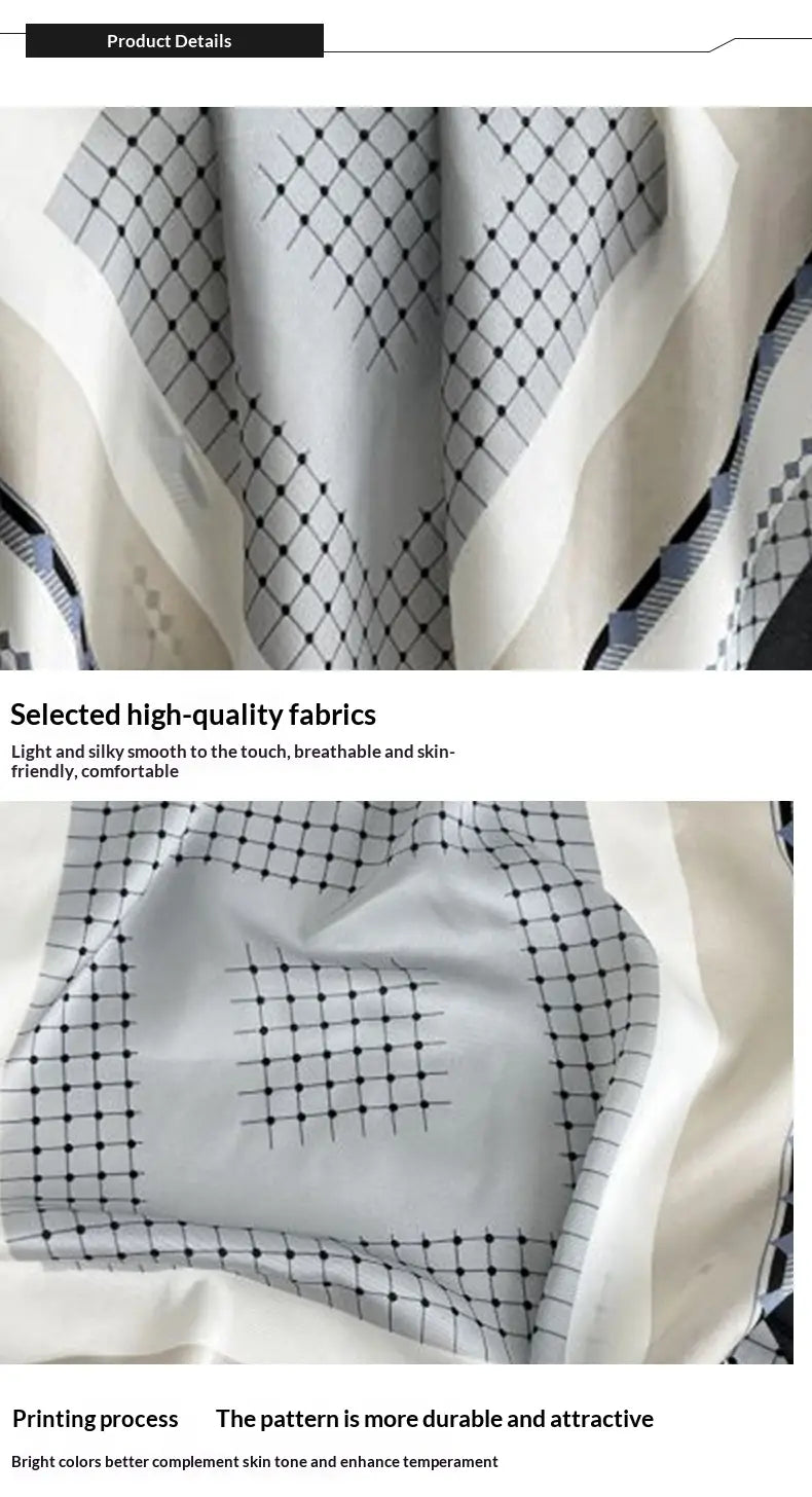 A geometric twill silk look square scarf in soft light gray fabric with a subtle black grid pattern.