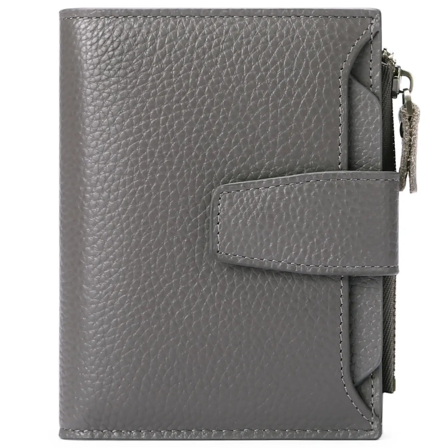 Gray textured leather rfid wallet with flap closure and side zipper featuring anti theft protection.
