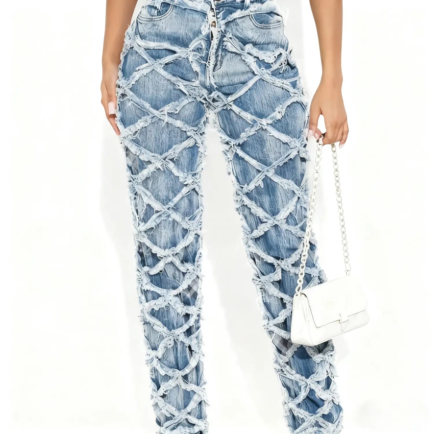 Straight leg jeans medium wash feature a distinctive crisscross lattice design made from frayed light-wash denim fabric strips and a high-waisted fit.