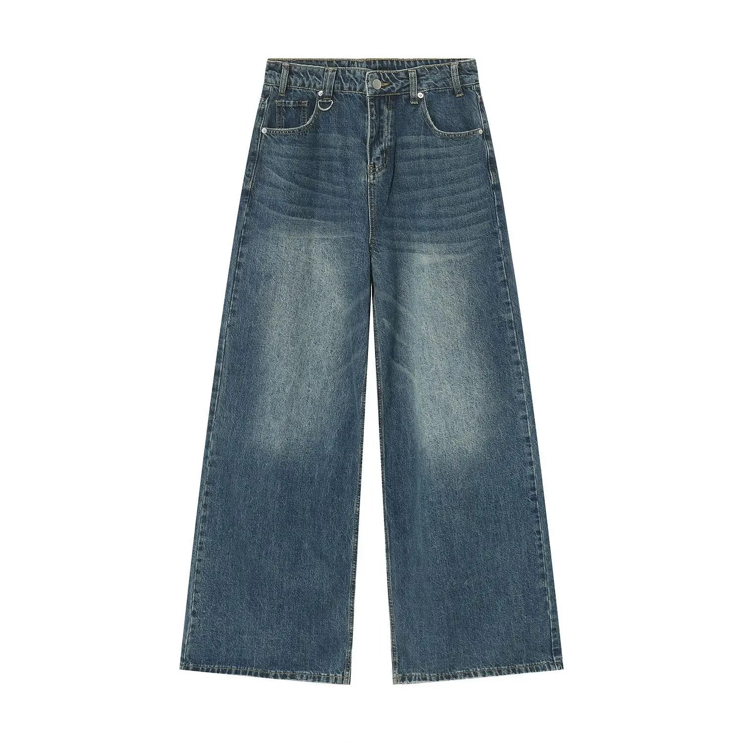 High-waisted Jeans mit weitem Bein aus Denim in mittlerem Blau-Wasch mit dezenter Auswaschung und klassischer Ziernähte aus der Kollektion der Retro-Jeans mit weitem Bein im Used-Look.