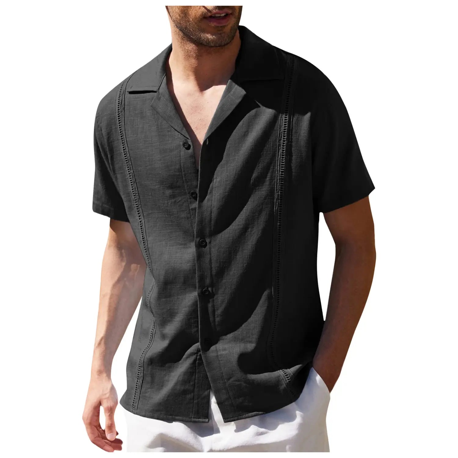Men’s black slim fit embroidered linen short sleeve shirt with textured fabric and decorative stitching along the front placket.