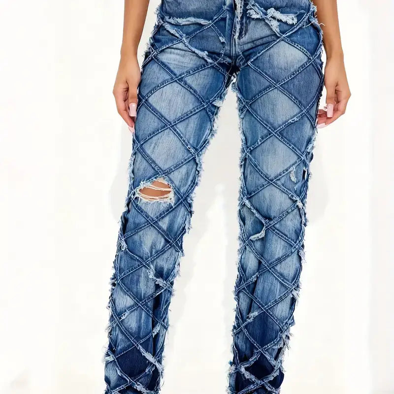 Straight leg jeans medium wash made of blue denim featuring a distinctive crisscross lattice design with frayed edges and intentional rips.