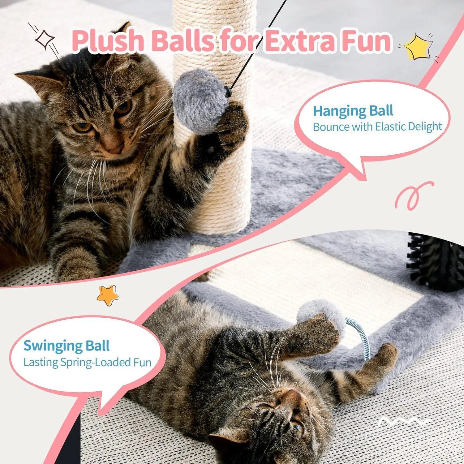 Gray plush hanging ball with a spring mechanism attached to a cat tree tower with a sisal scratching post for feline play and exercise.