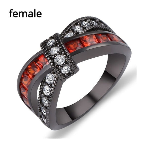 Black oxidized metal black gold red zircon intertwined dragon ring featuring a bold intertwined design with vibrant orange red rectangular stones and sparkling clear round diamonds set along the bands.
