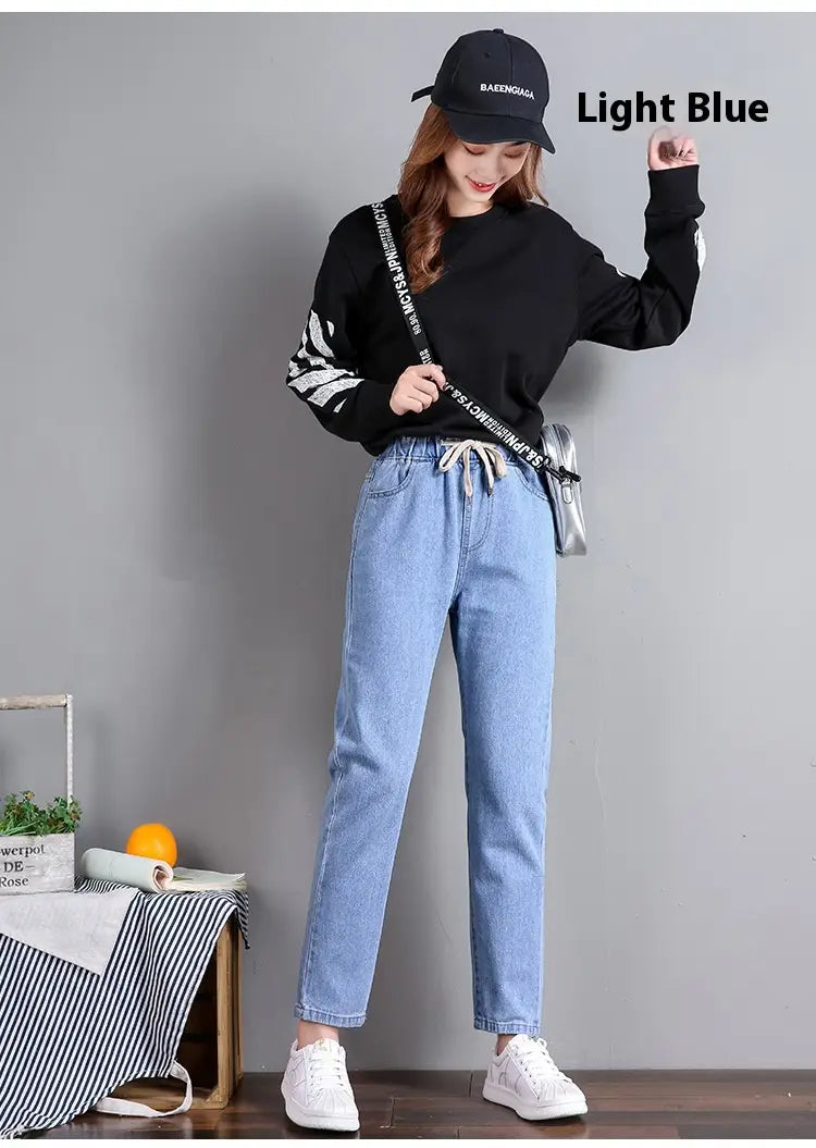 Jean en denim bleu clair taille haute droit à cordon de serrage, style coréen.