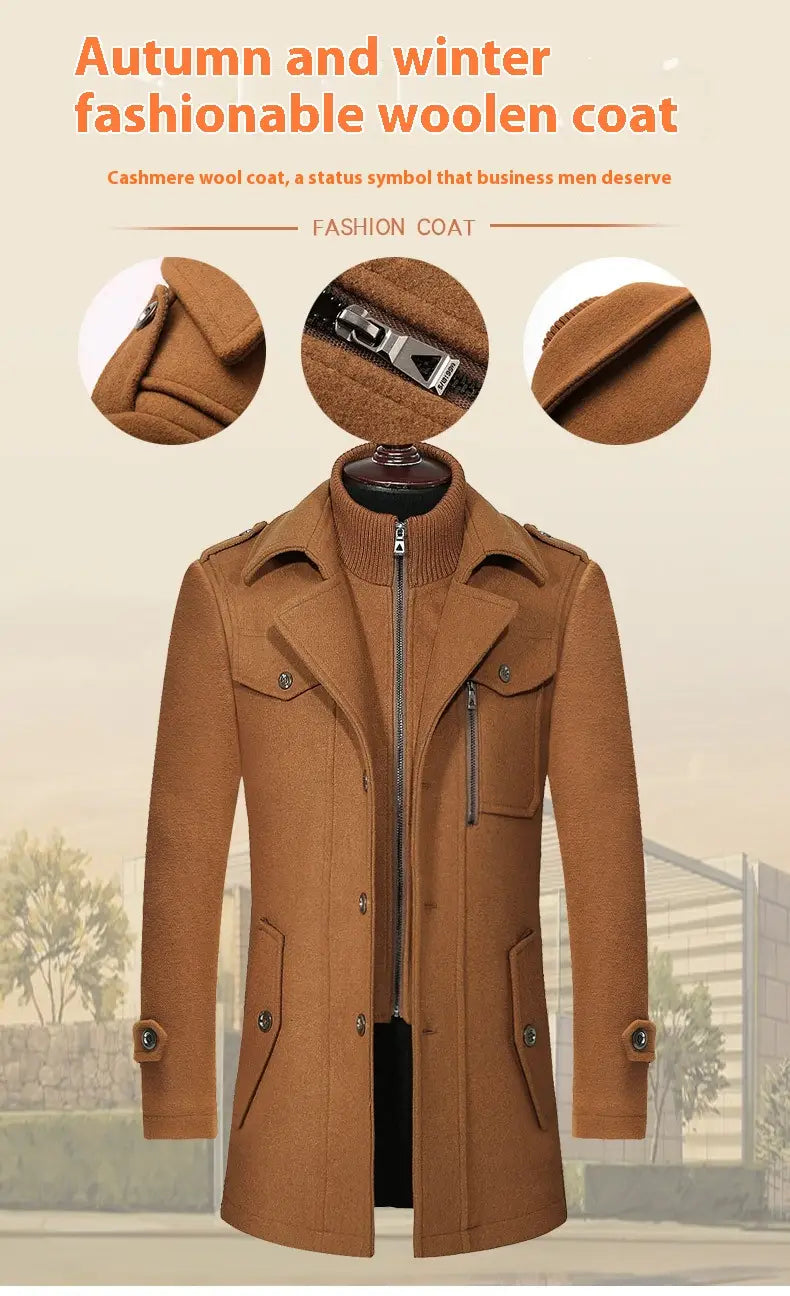 A tan cashmere woolen men woolen coat zipper trench jacket featuring a high collar front zipper closure and buttoned flap pockets.