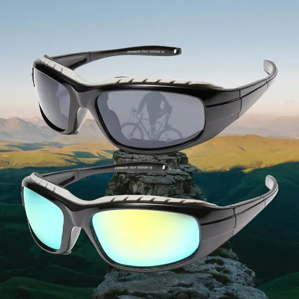 Black-framed polarized windproof sport riding sunglasses with reflective blue and yellow gradient lenses.