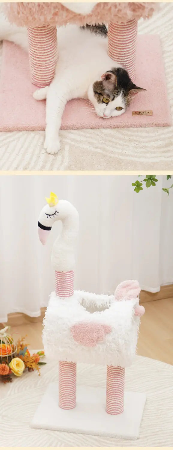 árbol para gato de peluche con forma de unicornio blanco, con acentos rosados y una textura suave y esponjosa, con postes rascadores de sisal y un nido acogedor.