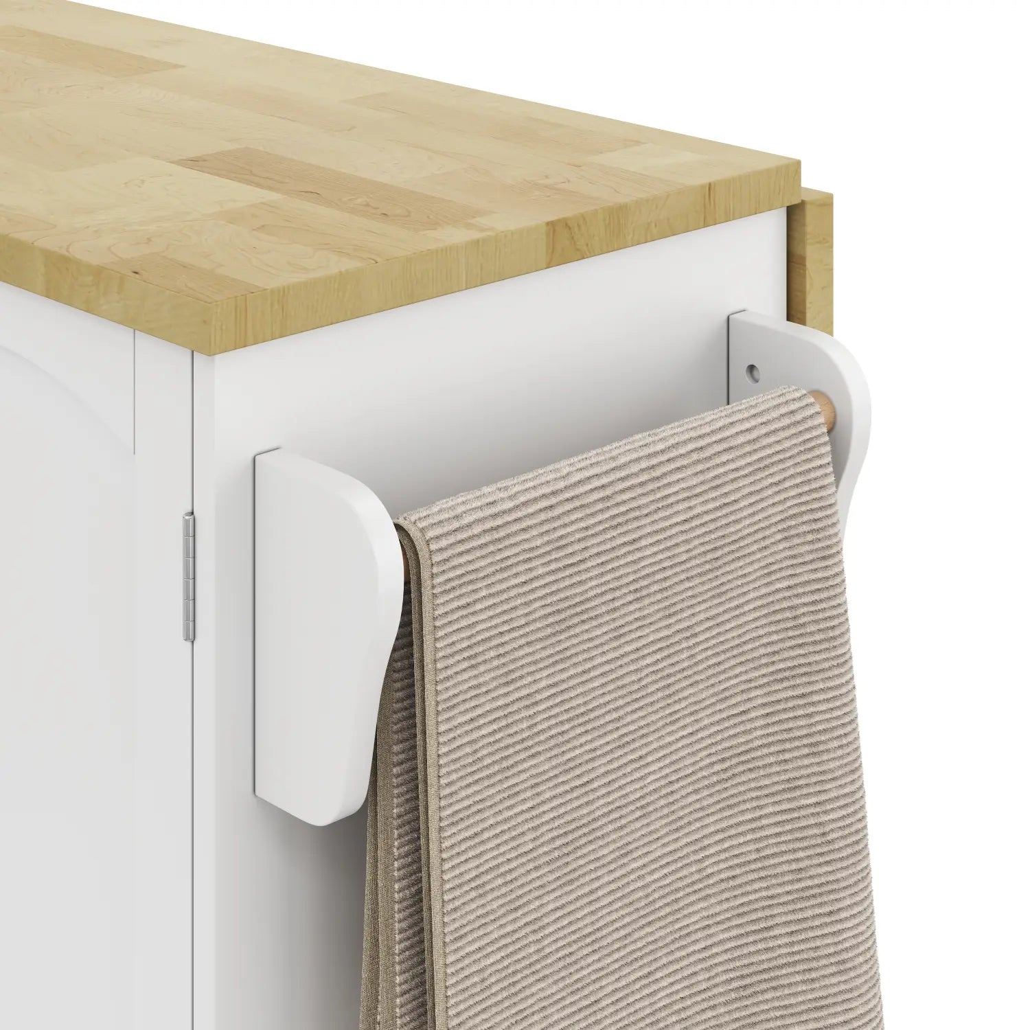 beige ribbed towel hanging from a white wall-mounted rack next to a mobile kitchen island with foldable worktop and wheels