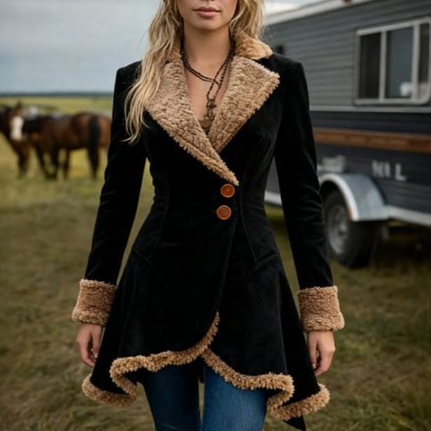 Black velvet fleece shearling jacket for women with tan shearling collar and cuffs, thick suede fur material, flared hemline, and two brown buttons.