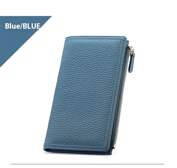 A sleek blue cowhide leather anti theft rfid long zip wallet with textured finish zipper closure and gold tone hardware.