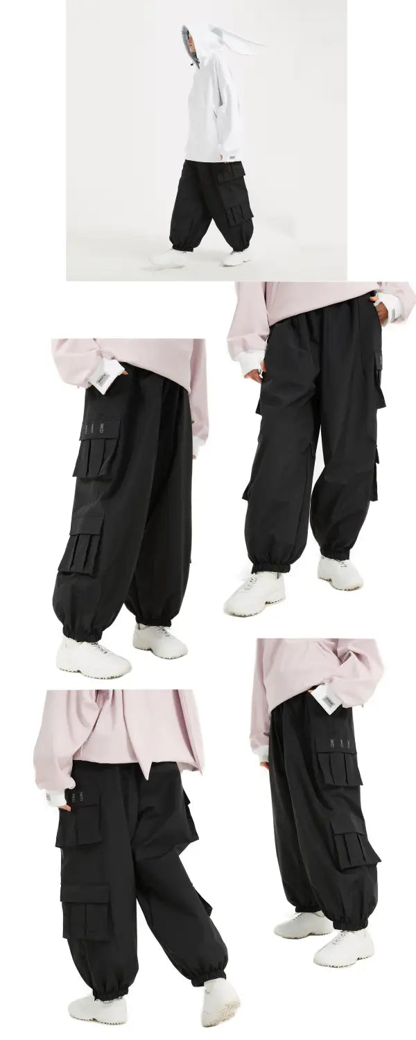 black winter outdoor loose ski pants with multiple cargo pockets and elastic cuffs designed for cold weather activities