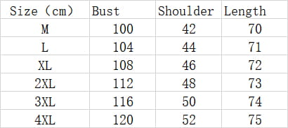 A size chart in centimeters for men linen casual button down shirt listing measurements from size m to 4xl.