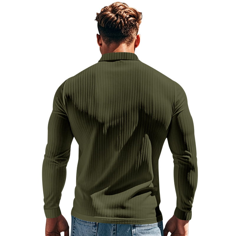 Herren-Poloshirt mit geripptem Langarm in Olivgrün mit Kragen und strukturiertem Material.