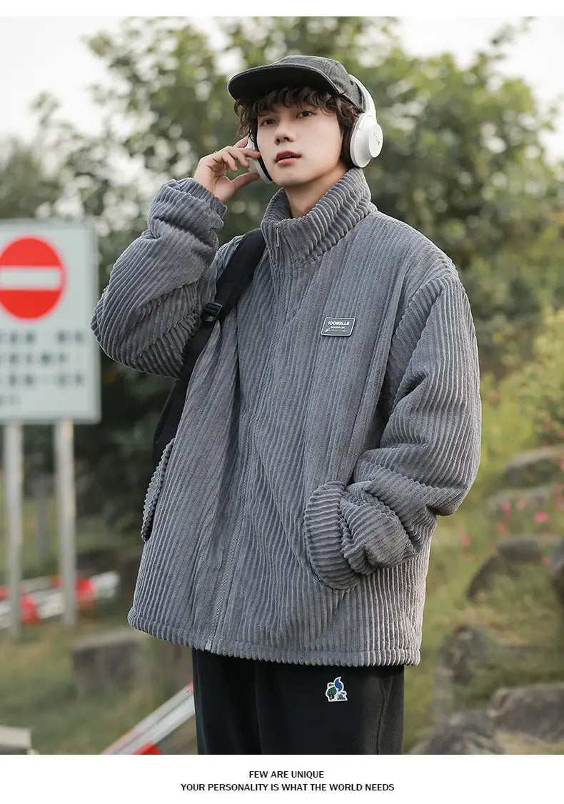 Graue Herren Cord-Pufferjacke: verfügt über eine gerippte Struktur, ein Reißverschluss-Design und einen dezenten Markenaufnäher auf der Brust für winterliche Wärme.