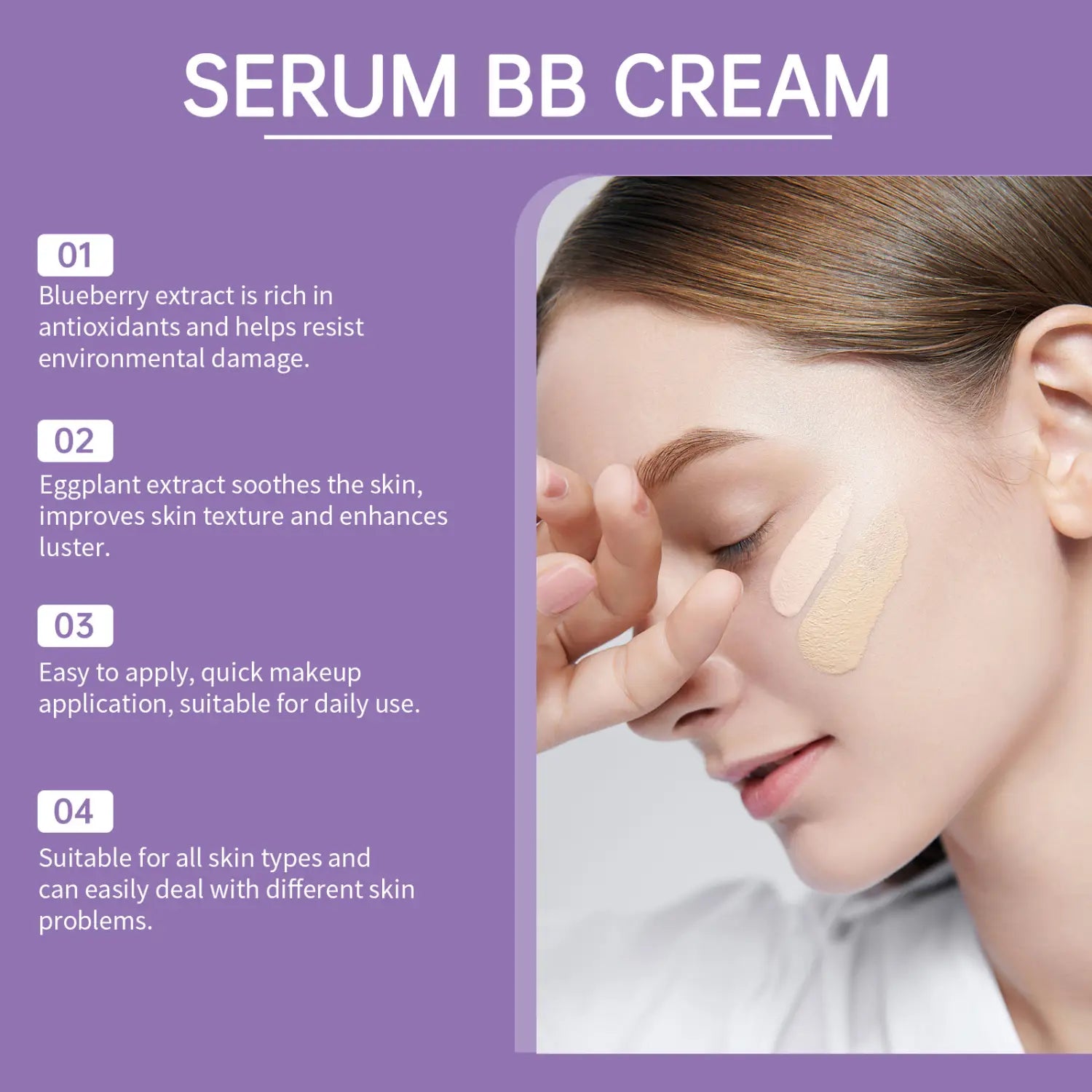 Une bb crème beige clair, crémeuse, flawless cover serum hydratante 50 g appliquée sur le visage.