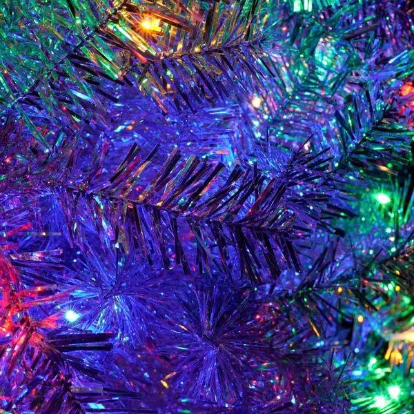silver pre-lit artificial christmas tree branches with iridescent multicolored glittery metallic tinsel and led lights