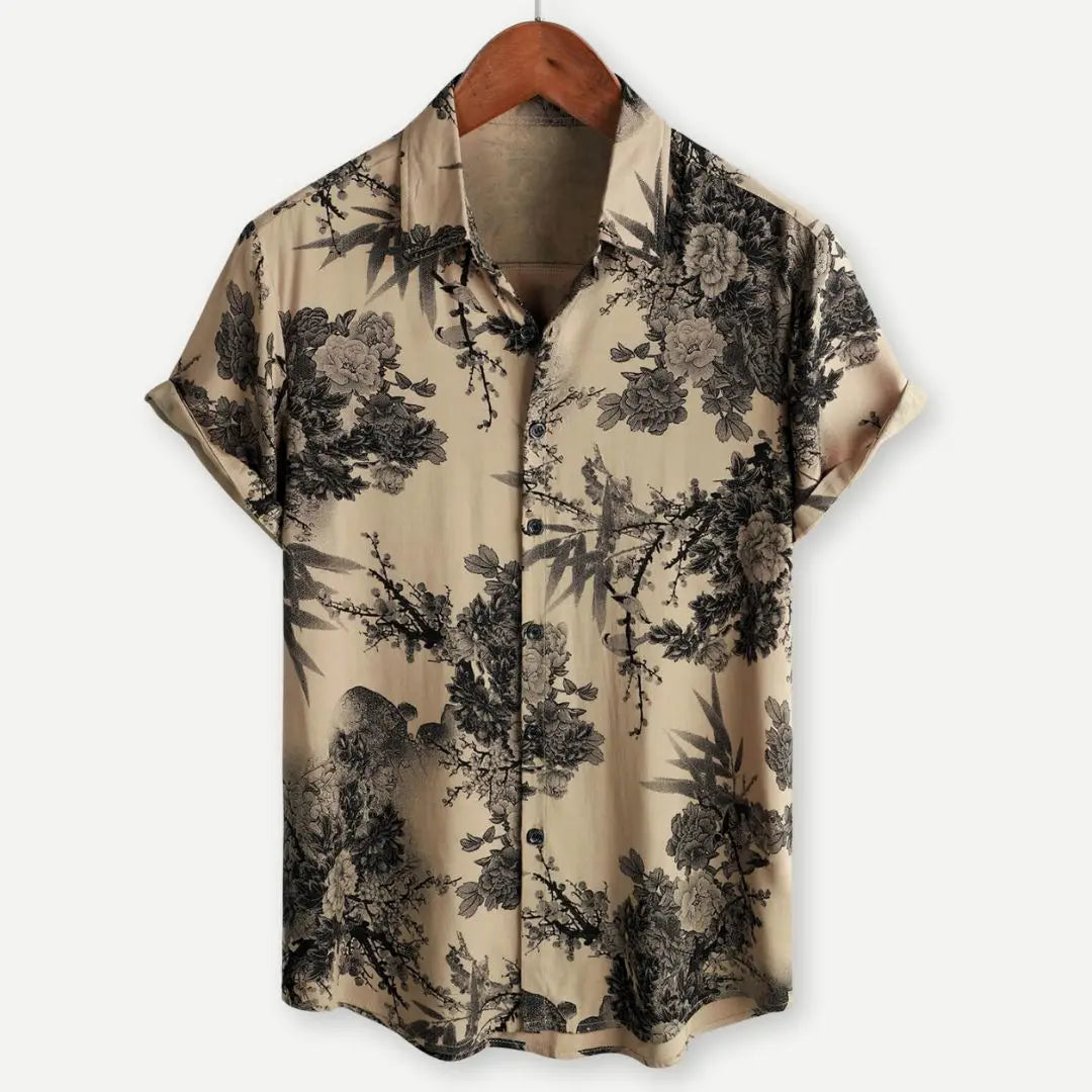 Beige floral Hawaiian short sleeve shirt for men with black and gray peonies and bamboo pattern and button-up front.