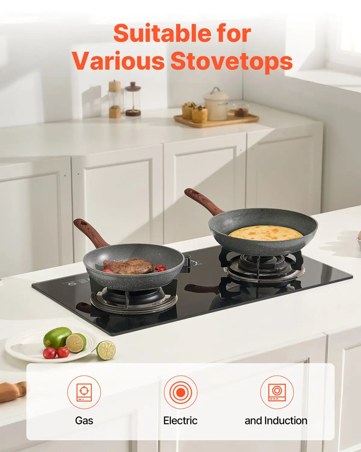 black speckled nonstick aluminum frying pan set with wooden handles cooking on a modern induction stovetop