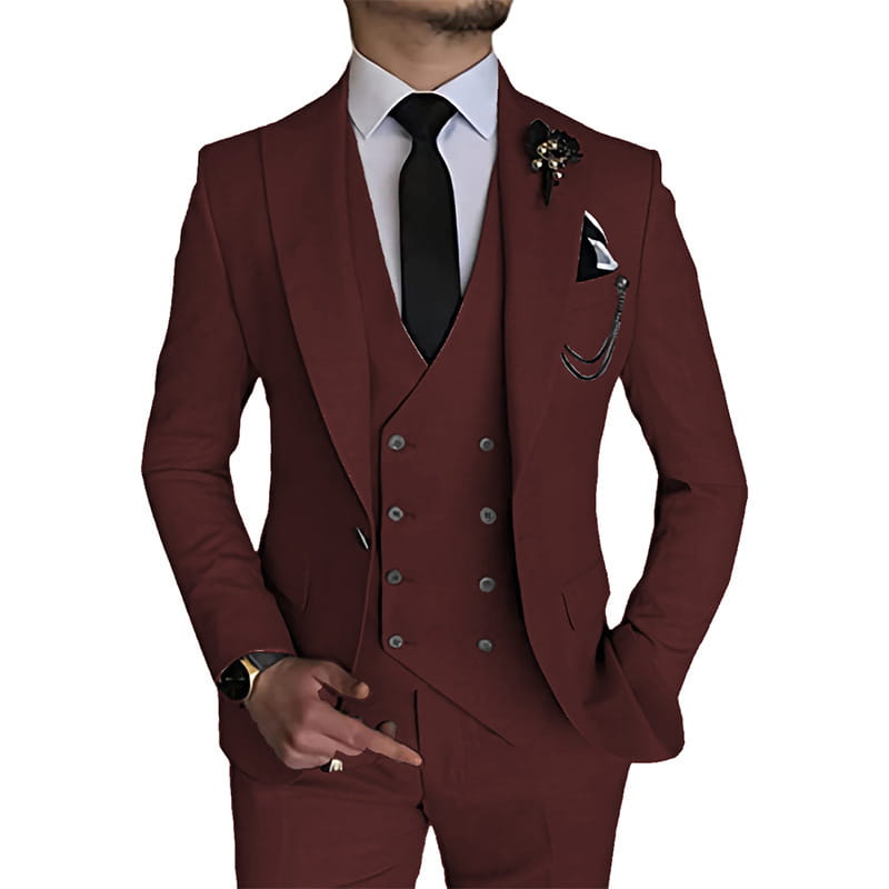 Men slim fit three piece suit in tailored maroon fabric featuring a notched lapel and double breasted vest with matching trousers.