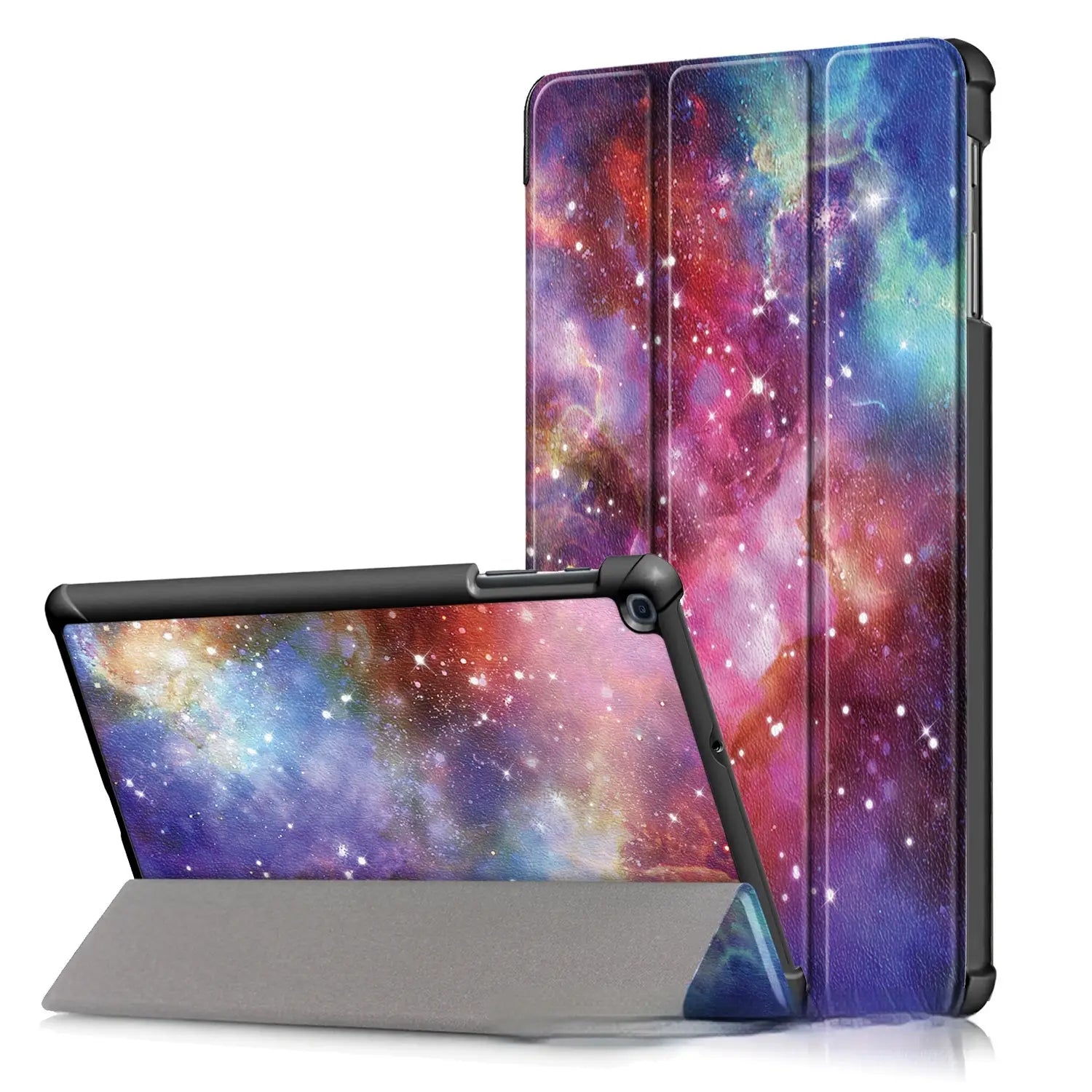 Funda tipo libro de cuero triádica temática de galaxia vibrante para tableta Samsung con acabado suave al tacto y bordes protectores negros.
