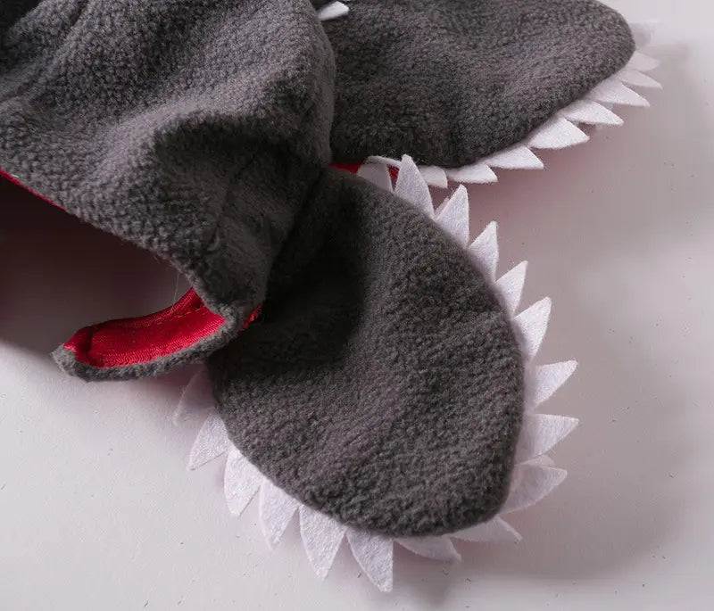 gray plush shark-shaped slippers with white felt teeth and red interior lining for carnivorous flower dog hat plush pet costume