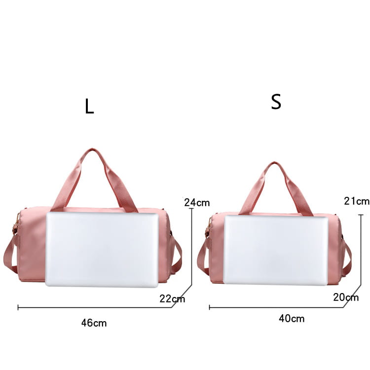 pink waterproof oxford fabric travel duffel bag with matching handles and adjustable shoulder strap shown in large and small sizes designed for gym and sports use
