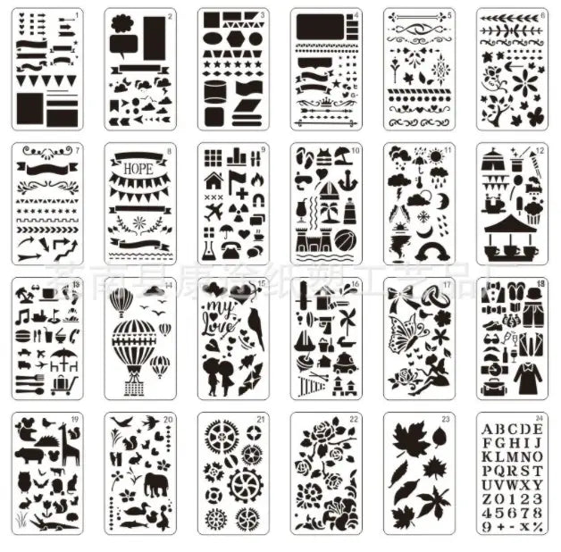 Set of 24 black plastic stencils with intricate flower animal letter and decorative designs for Sank Magic Practice Copybook Set for Kids Preschoolers.