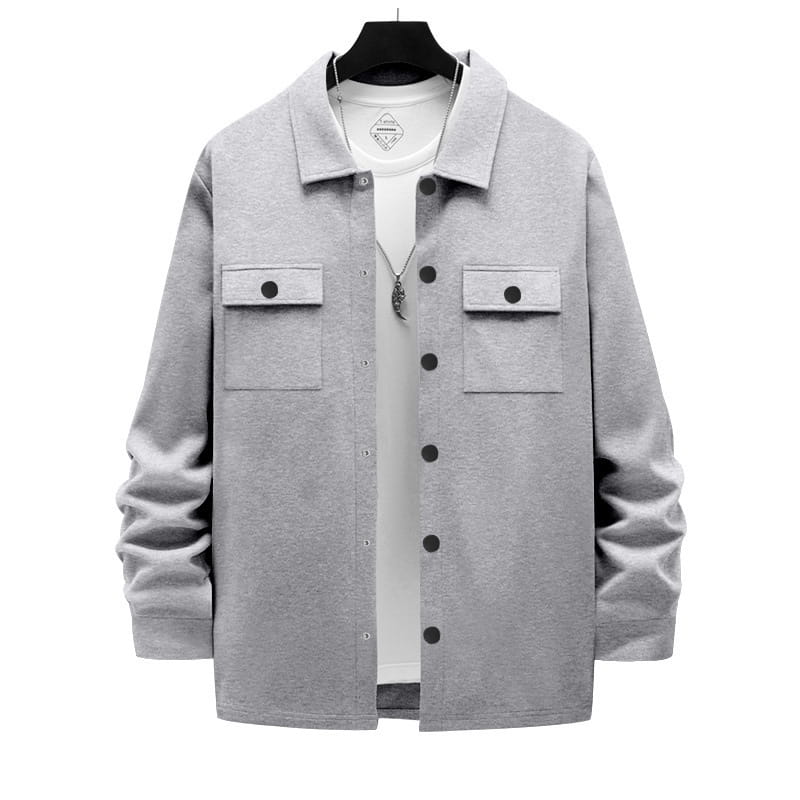 Schwere Fleece-Innenjacke für Herren in grauem, geprägtem Knopfleistenstil mit zwei Fronttaschen und schwarzen Knöpfen.