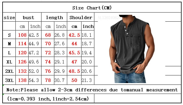 Men’s slim fit sleeveless denim henley shirt in dark gray featuring a button-up front and chest pocket.