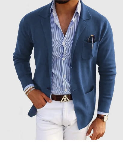Men printed double button suit jacket in navy blue with subtle texture and single-breasted design worn over a striped button-down shirt