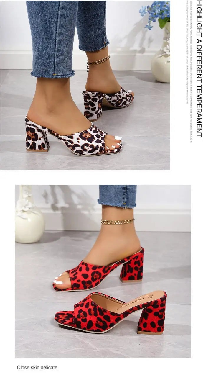 leopard square toe chunky heel mule sandals in red white and tan with leopard print and block heels