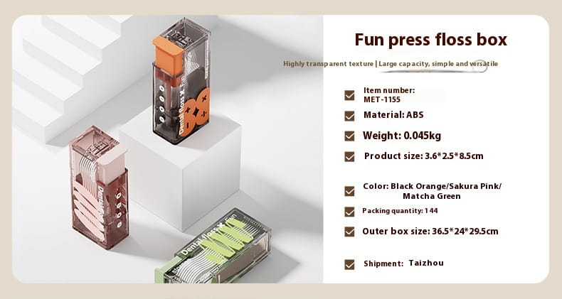 Caja portátil rectangular transparente para hilo dental con dispensador automático de apertura emergente y detalles en naranja, rosa y verde.