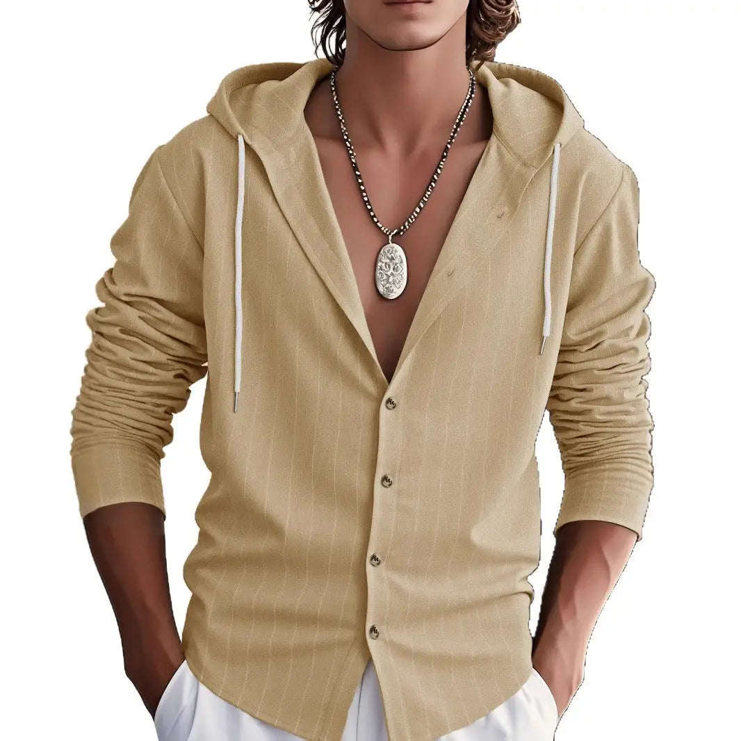 Beiges Nadelstreifen-Hoodie-Leinenhemd für Herren mit weißen Kordeln und Frontdesign mit Knopfleiste im Slim Fit.