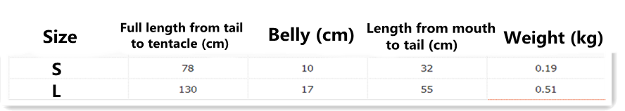The table displays size specifications including full length from tail to tentacle belly measurement mouth-to-tail length and weight in kilograms for the cuttlefish plush stuffed animal toy 32cm orange squid.