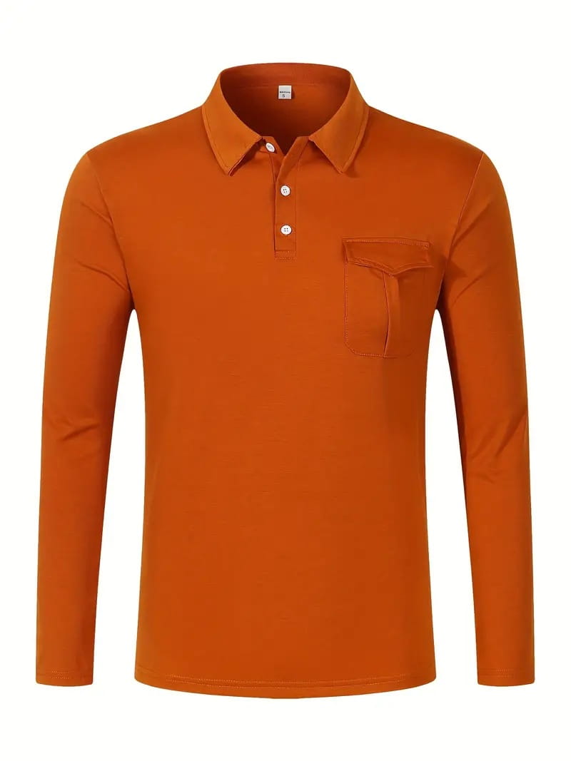 Oranges Polohemd mit langen Ärmeln mit Kragen, drei weißen Knöpfen und einer einzelnen Brusttasche – ideal für Casual-Sportbekleidung.