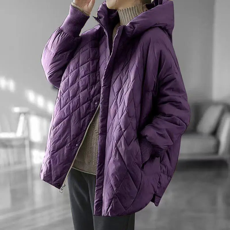 Purple quilted puffer jacket with a hood and button closure made of white duck down for winter wear.