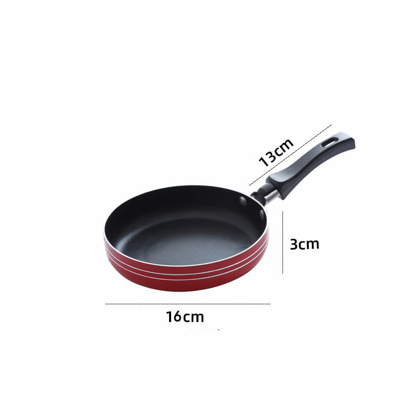 Red aluminum mini non-stick frying pan with black handle and white stripes along the rim from the mini non-stick frying pan set aluminum cookware.