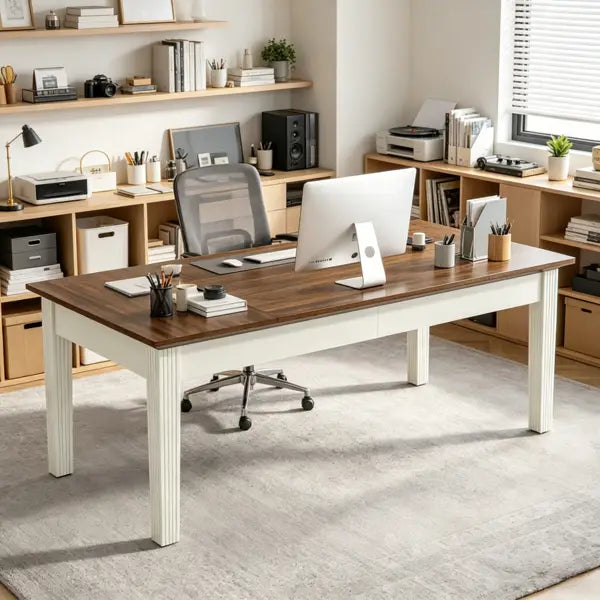 Escritorio blanco con sobre de madera oscura y revestimiento vertical en las patas, diseñado como un escritorio ejecutivo de oficina de 62 pulgadas en madera blanca y marrón.