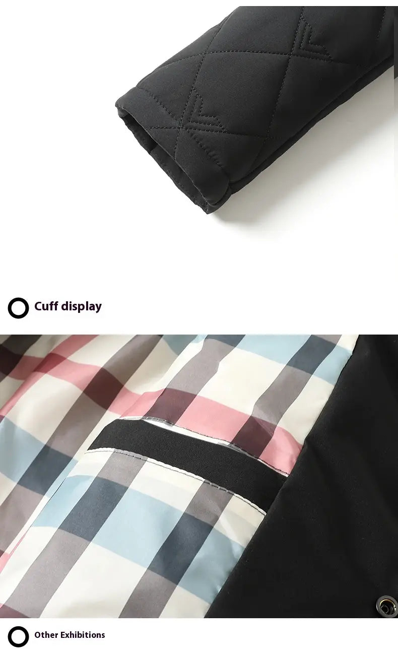 Chaqueta acolchada de trabajo para hombres con puño acolchado negro con costura tipo rombos y un panel de cuadros con rayas rosa, azul, gris y blanco.