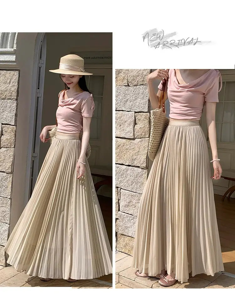 Beiger plissierter Chiffon-Maxirock für Damen mit fließendem, mehrlagigem Design und weichem Stoff.