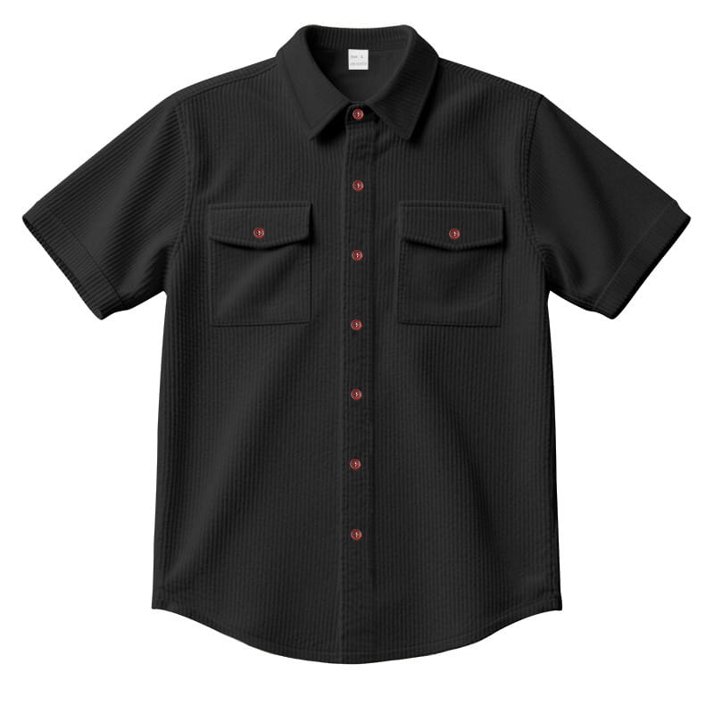 Black loose corduroy short sleeve workwear shirt with vertical ribbed texture and red buttons.