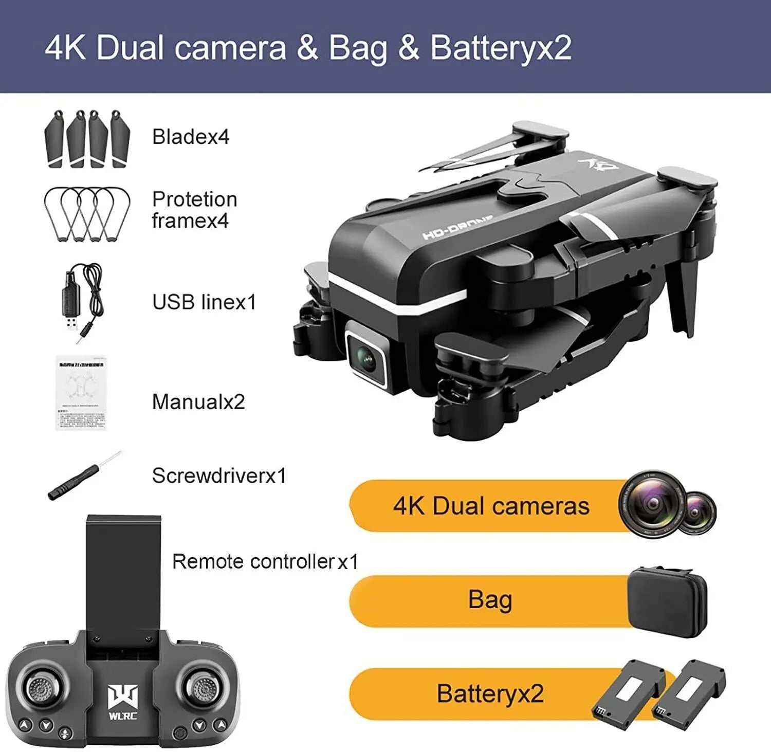 Drone à air quad pliable noir avec deux caméras 4K HD et design compact et élégant, présenté depuis le côté arrière