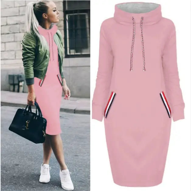 women’s long sleeve high collar hooded midi dress in pink knit with ribbed cuffs and side pockets featuring red white and black striped trims