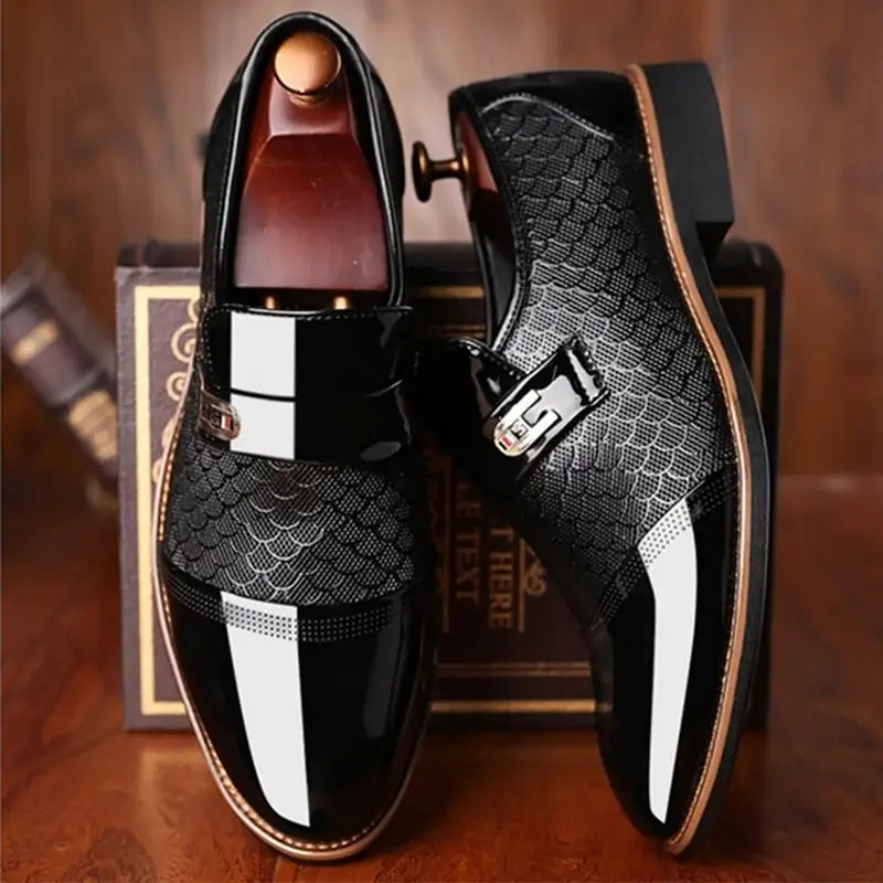 Warm high top black PU leather vulcanized shoe featuring a burgundy patent leather slip-on with white glossy toe cap and silver buckle.