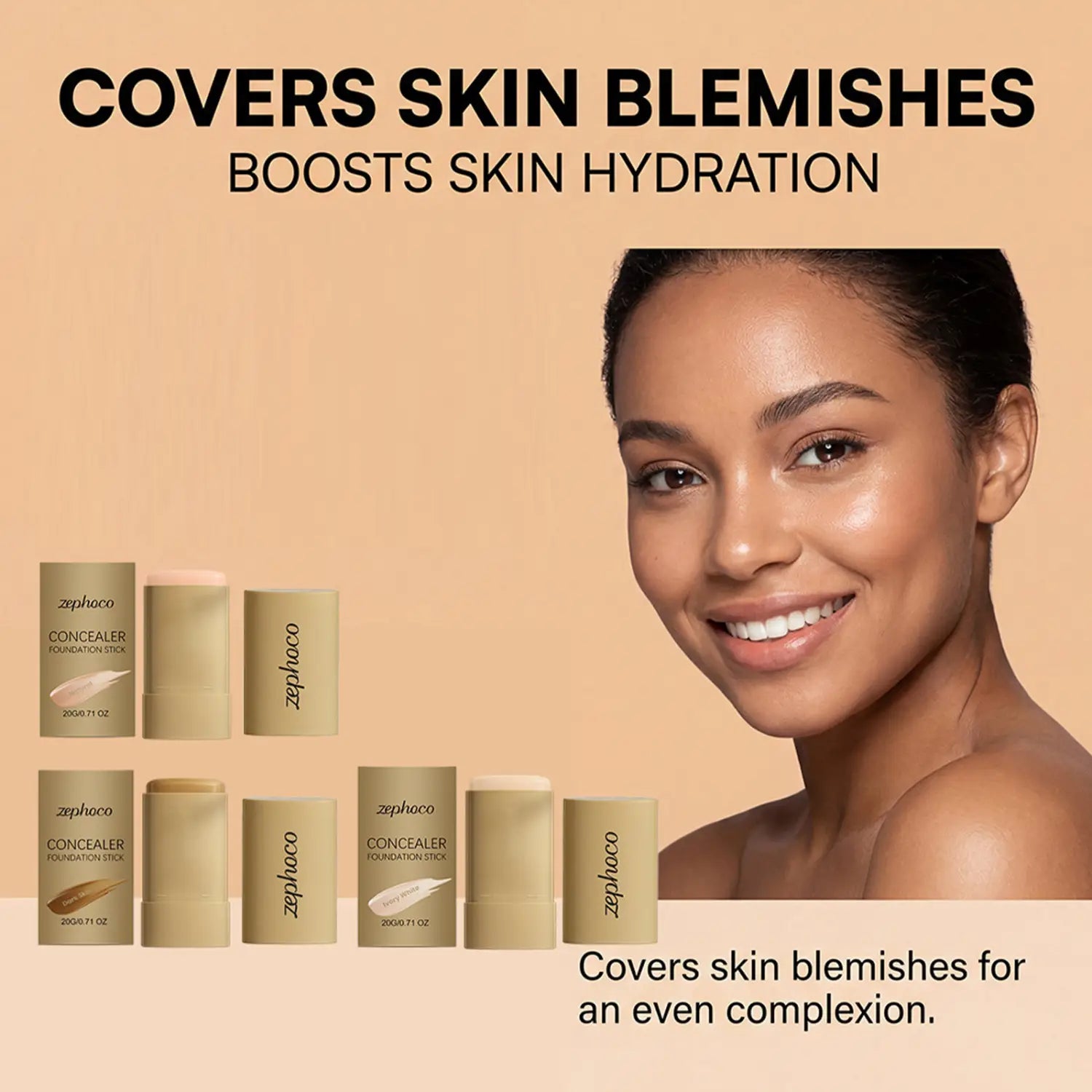 Beige cylindrical zephoco foundation sticks with a matte finish and minimalist branding designed for natural concealing makeup.