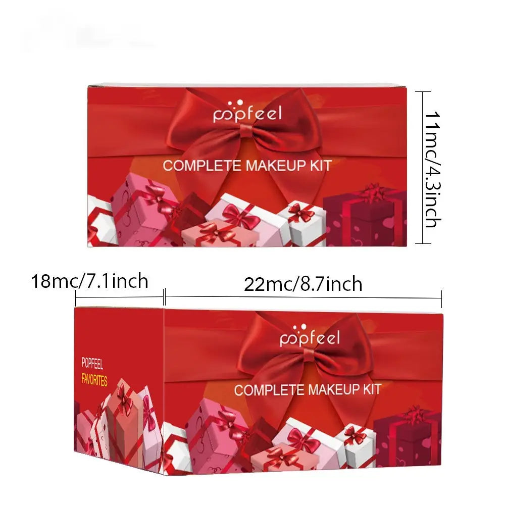 Red rectangular glossy makeup set box featuring popfeel brand name and gift box illustrations for festive red gift kit 27 pcs.