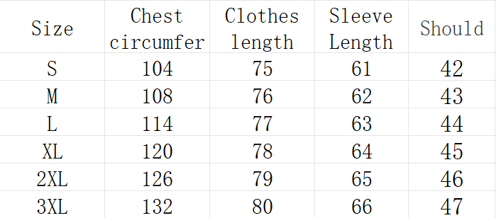 Size chart in centimeters for sherling lined hooded zip up parka displaying measurements across sizes S through 3XL.