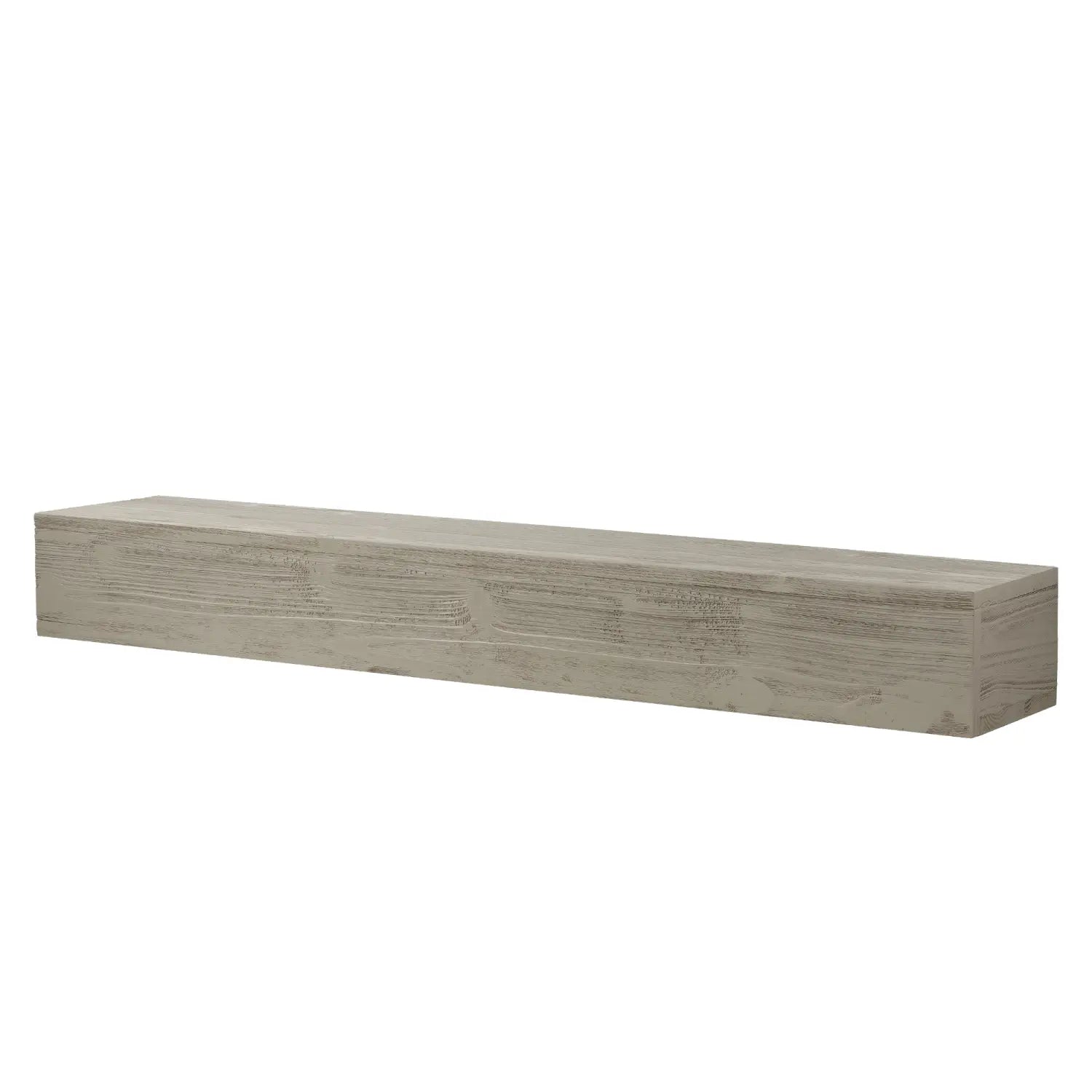 Une étagère de cheminée flottante en bois rustique de 72 pouces en gris clair, avec une surface en bois élégante et des motifs de grain visibles.
