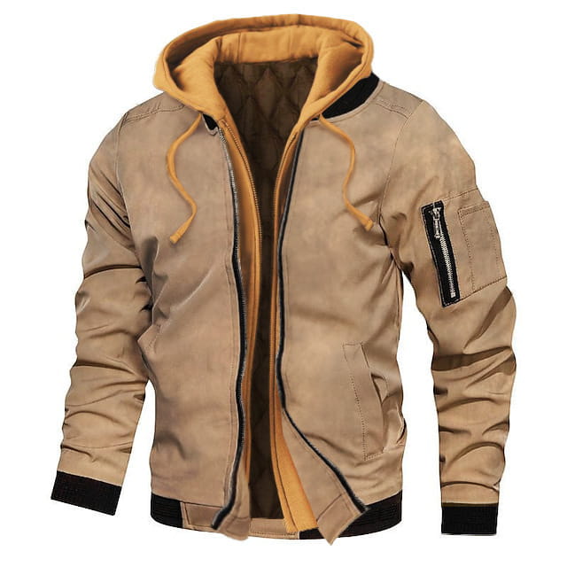 plus size fleece lined hooded bomber jacket in tan suede with mustard yellow hood lining and black trim on cuffs waistband and sleeve patches.